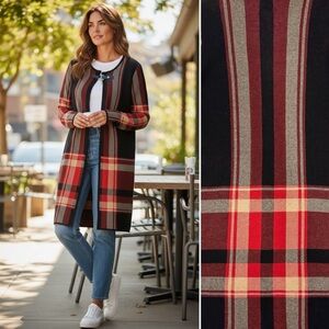 Anne Klein Fire Red and Black Plaid Knit Sweater Long Cardigan Duster M NEW NWT